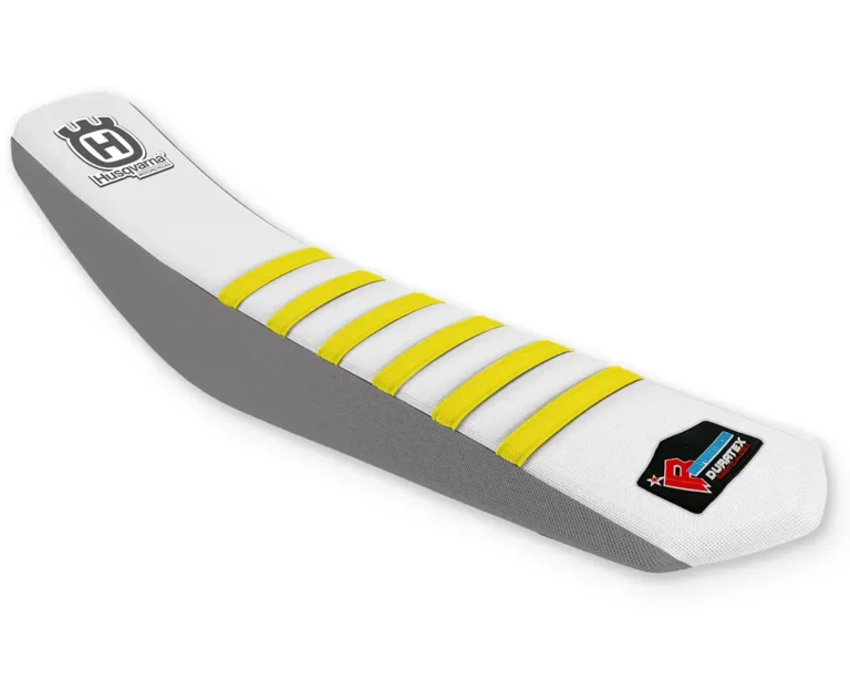 White Husqvarna offroad seat cover with yellow ribs, grey sides and Husqvarna logo.
