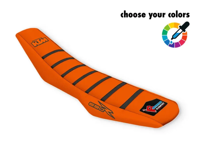 Oranger Sitzbankbezug mit schwarzen Rippen und KTM-Logo für die KTM 690 SMCR & Enduro.