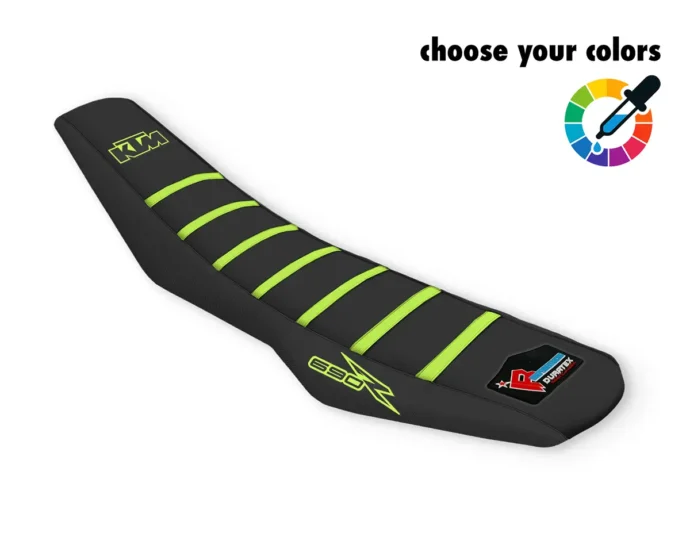 Schwarzer Sitzbankbezug mit neongelben Rippen und KTM-Logo für die KTM 690 SMCR & Enduro.