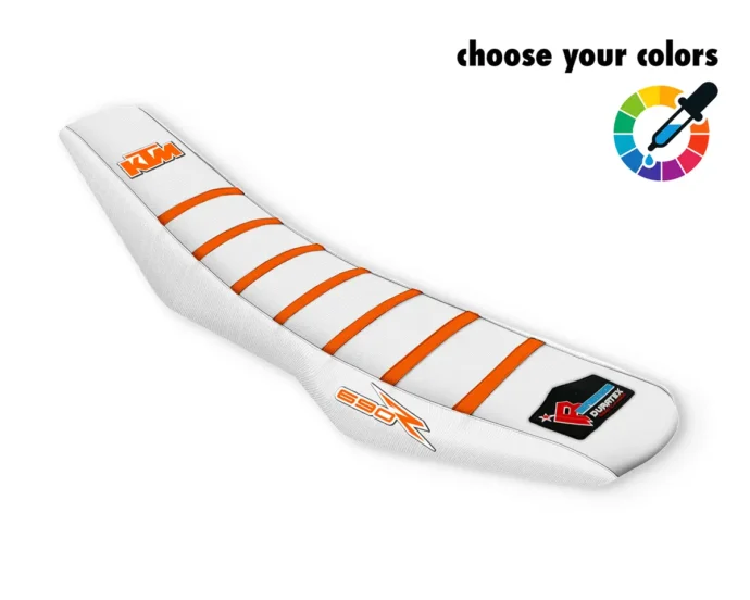 Weißer Sitzbankbezug mit orangen Rippen und KTM-Logo für die KTM 690 SMCR & Enduro.