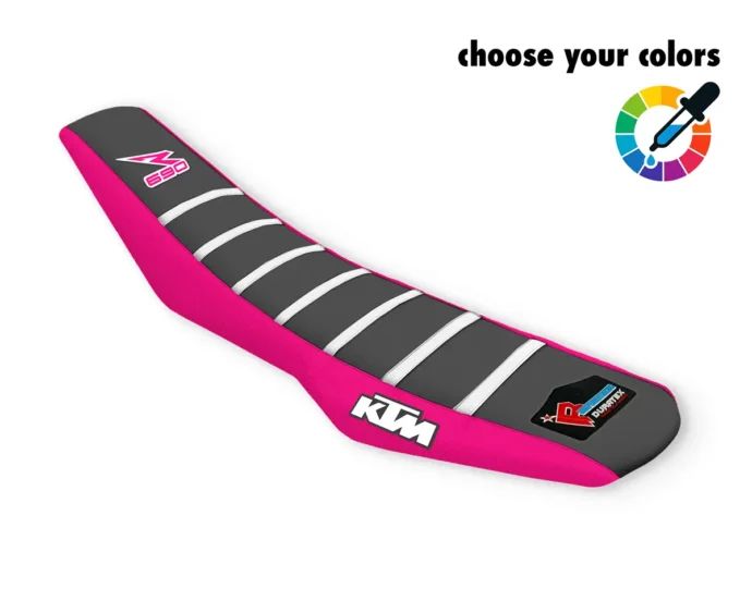Grauer Sitzbankbezug mit weißen Rippen, pinkem Seitenbereich und KTM-Logo für die KTM 690 SMCR & Enduro.