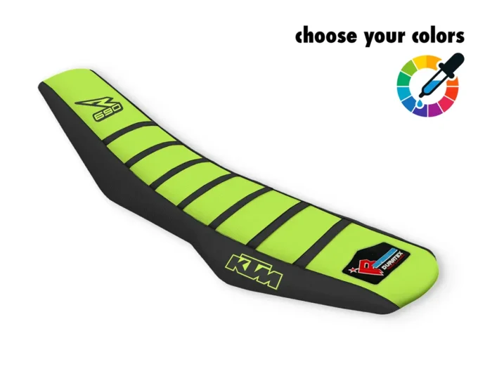 Schwarzer Sitzbankbezug mit neongelbem Mittelteil, schwarzen Rippen und KTM-Logo für die KTM 690 SMCR & Enduro.