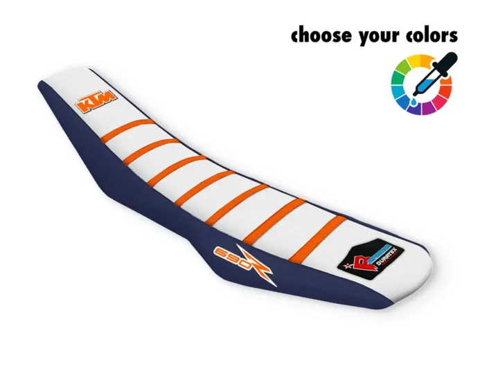 Weiß-blauer Sitzbankbezug mit orangen Rippen und KTM-Logo für die KTM 690 SMCR & Enduro.