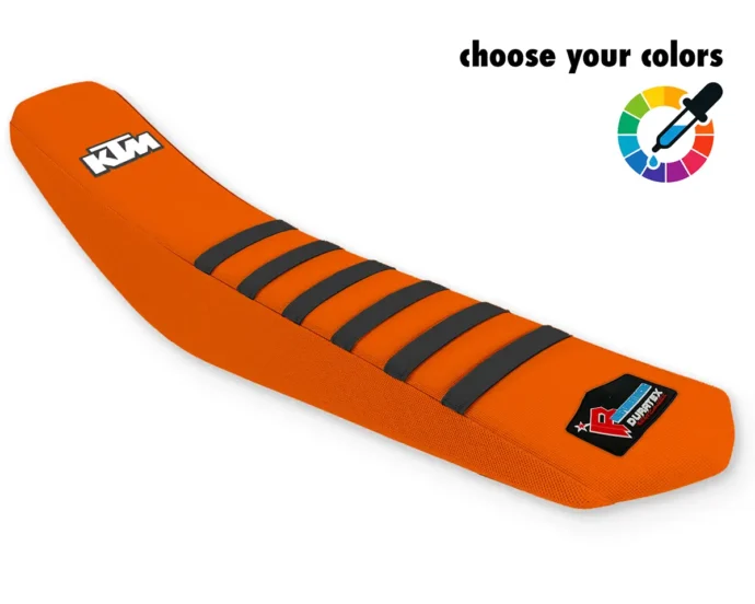 Oranger KTM Sitzbankbezug für Motocross, Enduro & Supermoto mit schwarzen Rippen und KTM-Logo.