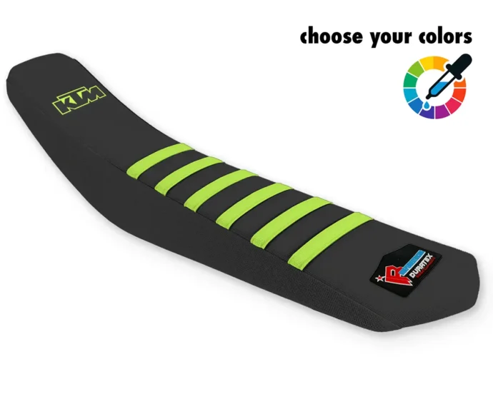 Schwarzer KTM Sitzbankbezug für Motocross, Enduro & Supermoto mit neongelben Rippen und KTM-Logo.