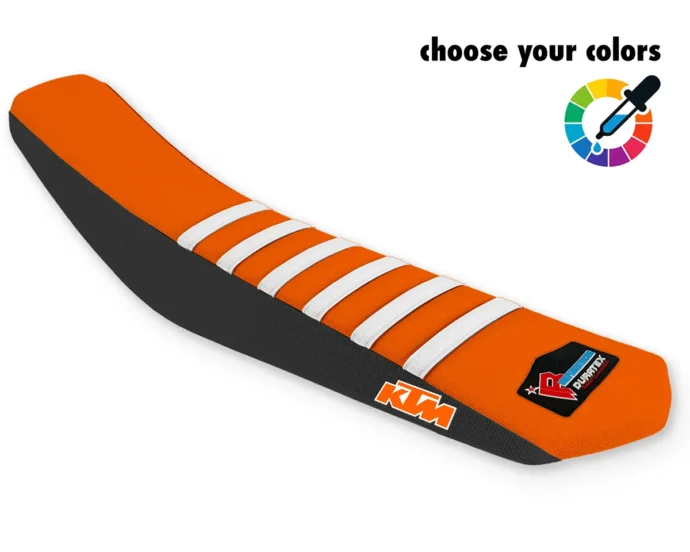 Oranger KTM Sitzbankbezug für Motocross, Enduro & Supermoto mit weißen Rippen, schwarzen Seiten und KTM-Logo.
