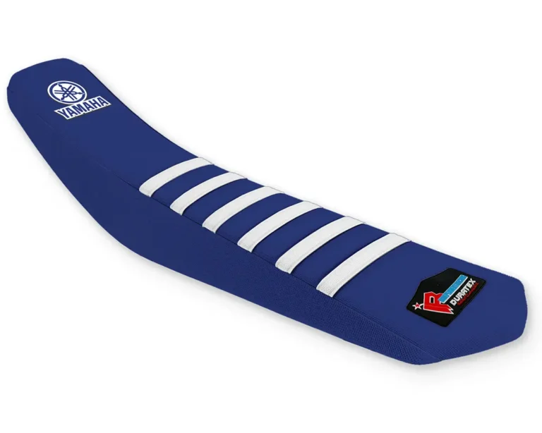 Blauer Yamaha Offroad Sitzbankbezug mit weißen Rippen und Yamaha-Logo.