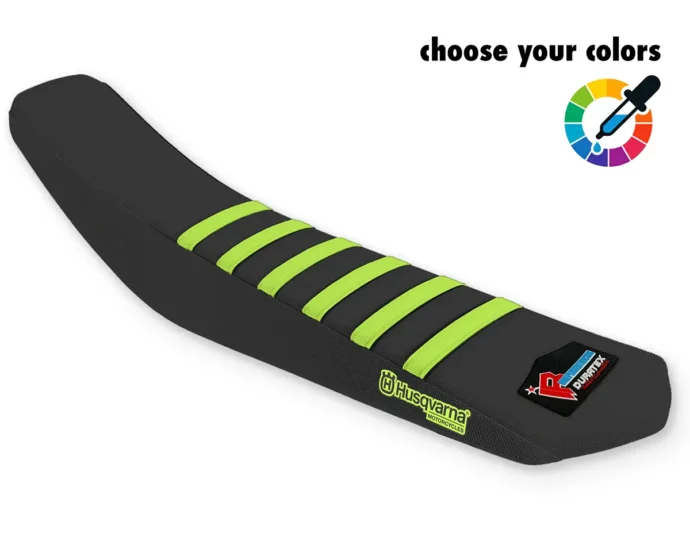 Schwarzer Husqvarna Sitzbankbezug für Motocross, Enduro & Supermoto mit neongelben Rippen und gelbem Husqvarna-Logo.