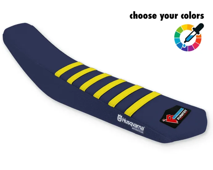 Dunkelblauer Husqvarna Sitzbankbezug für Motocross, Enduro & Supermoto mit gelben Rippen und weißem Husqvarna-Logo.