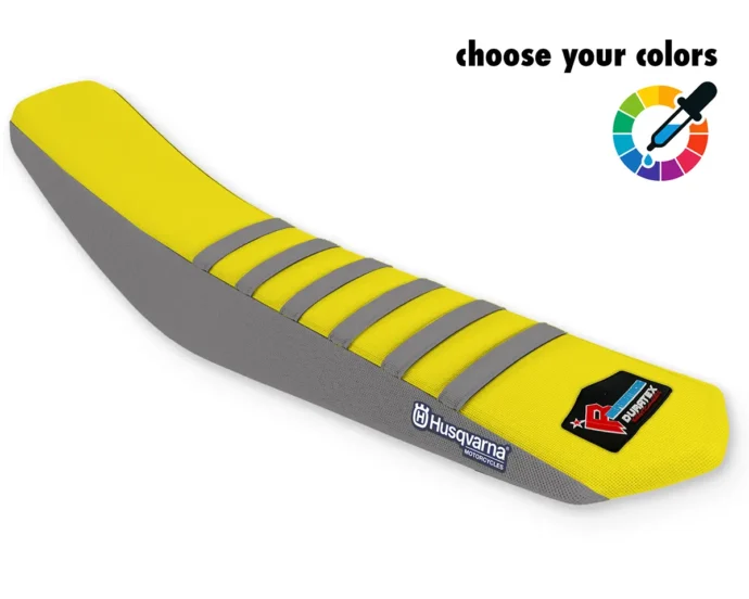 Gelber Husqvarna Sitzbankbezug für Motocross, Enduro & Supermoto mit grauen Rippen, grauen Seiten und Husqvarna-Logo.