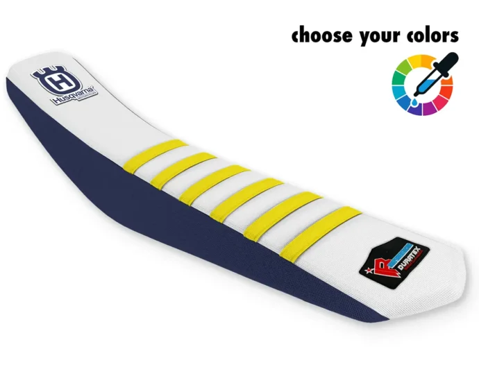 Weißer Husqvarna Sitzbankbezug für Motocross, Enduro & Supermoto mit gelben Rippen, dunkelblauen Seiten und Husqvarna-Logo.