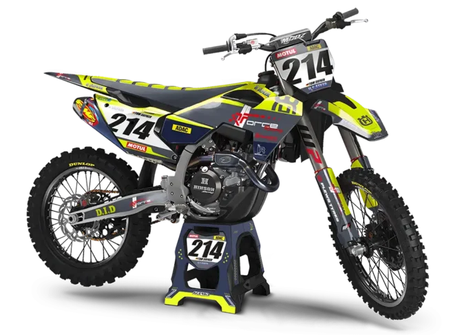 Husqvarna FC 250 Motocross Motorrad mit grau neongelb dunkelblauem Custom Dekor von Independent Racing.