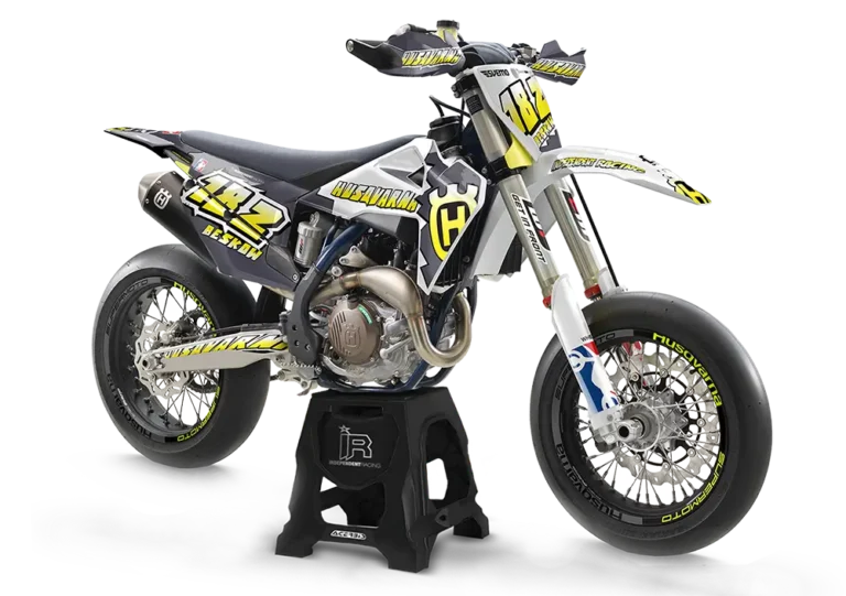 Husqvarna FS 450 Motocross Motorrad mit grau weiß gelbem Custom Dekor von Independent Racing.
