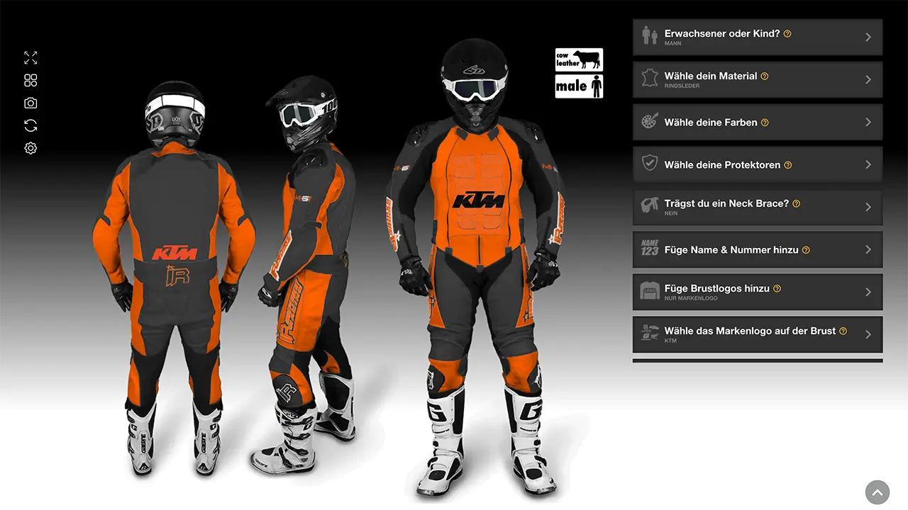 Lederkombi in orange und schwarz mit KTM Logos und frei wählbaren Add-Ons wie Protekoren dargestellt im 3D-Konfigurator.