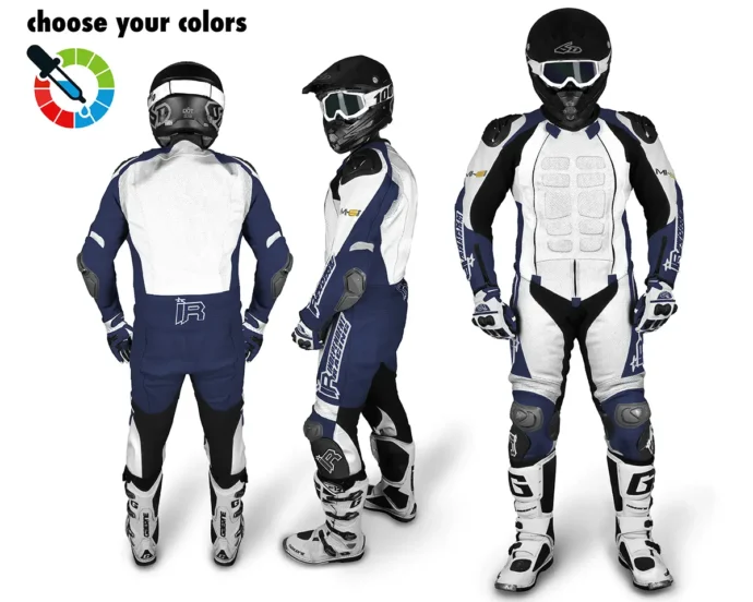 Maßgeschneiderte Lederkombi von Independent Racing in Weiß und Dunkelblau mit Schutzprotektoren, gezeigt aus Front-, Seiten- und Rückansicht.