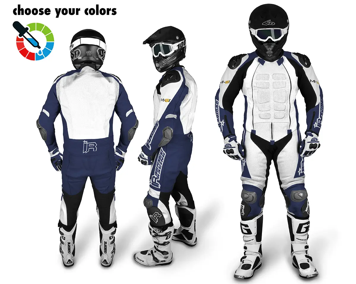 Maßgeschneiderte Lederkombi von Independent Racing in Weiß und Dunkelblau mit Schutzprotektoren, gezeigt aus Front-, Seiten- und Rückansicht.