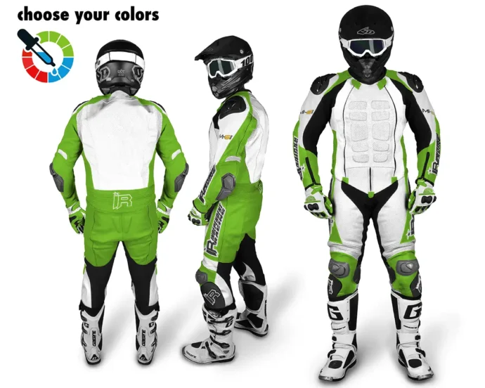 Maßgeschneiderte Lederkombi von Independent Racing in Weiß und Grün mit Schutzprotektoren, gezeigt aus Front-, Seiten- und Rückansicht.