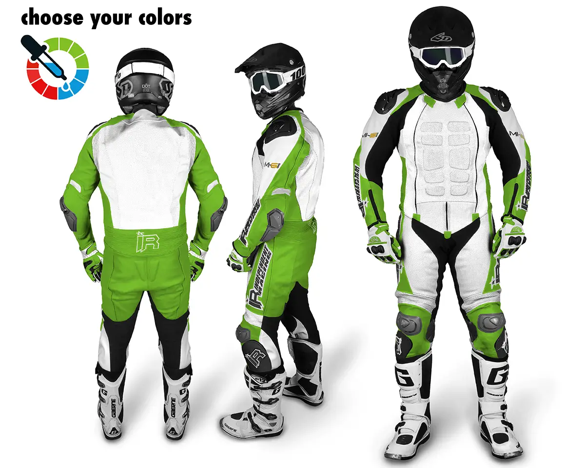 Maßgeschneiderte Lederkombi von Independent Racing in Weiß und Grün mit Schutzprotektoren, gezeigt aus Front-, Seiten- und Rückansicht.
