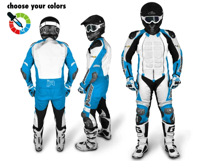 Maßgeschneiderte Lederkombi von Independent Racing in Weiß und Himmelblau mit Schutzprotektoren, gezeigt aus Front-, Seiten- und Rückansicht.