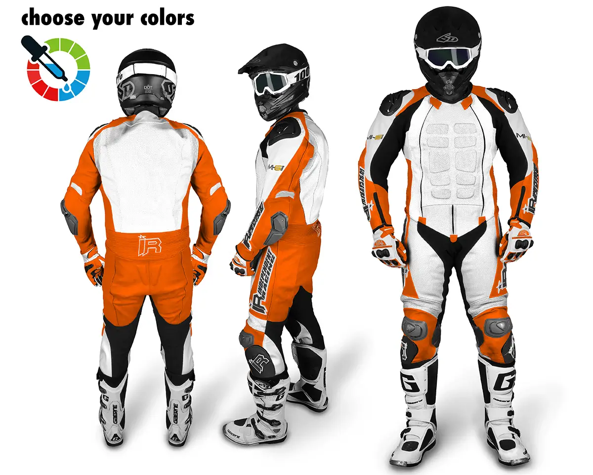Maßgeschneiderte Lederkombi von Independent Racing in Weiß und Orange mit Schutzprotektoren, gezeigt aus Front-, Seiten- und Rückansicht.
