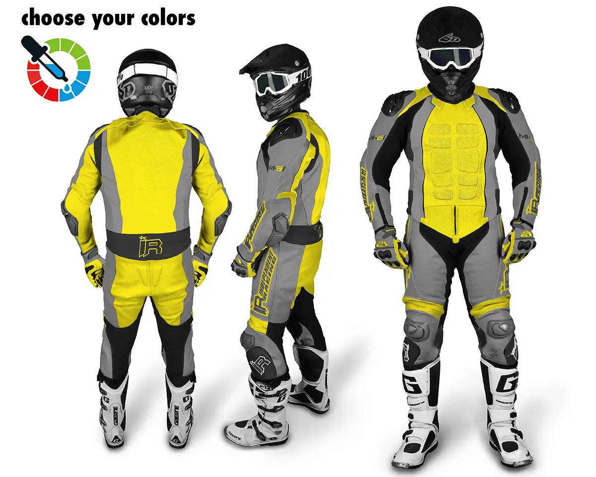 Maßgeschneiderte Lederkombi von Independent Racing in Grau und Gelb mit Schutzprotektoren, gezeigt aus Front-, Seiten- und Rückansicht.