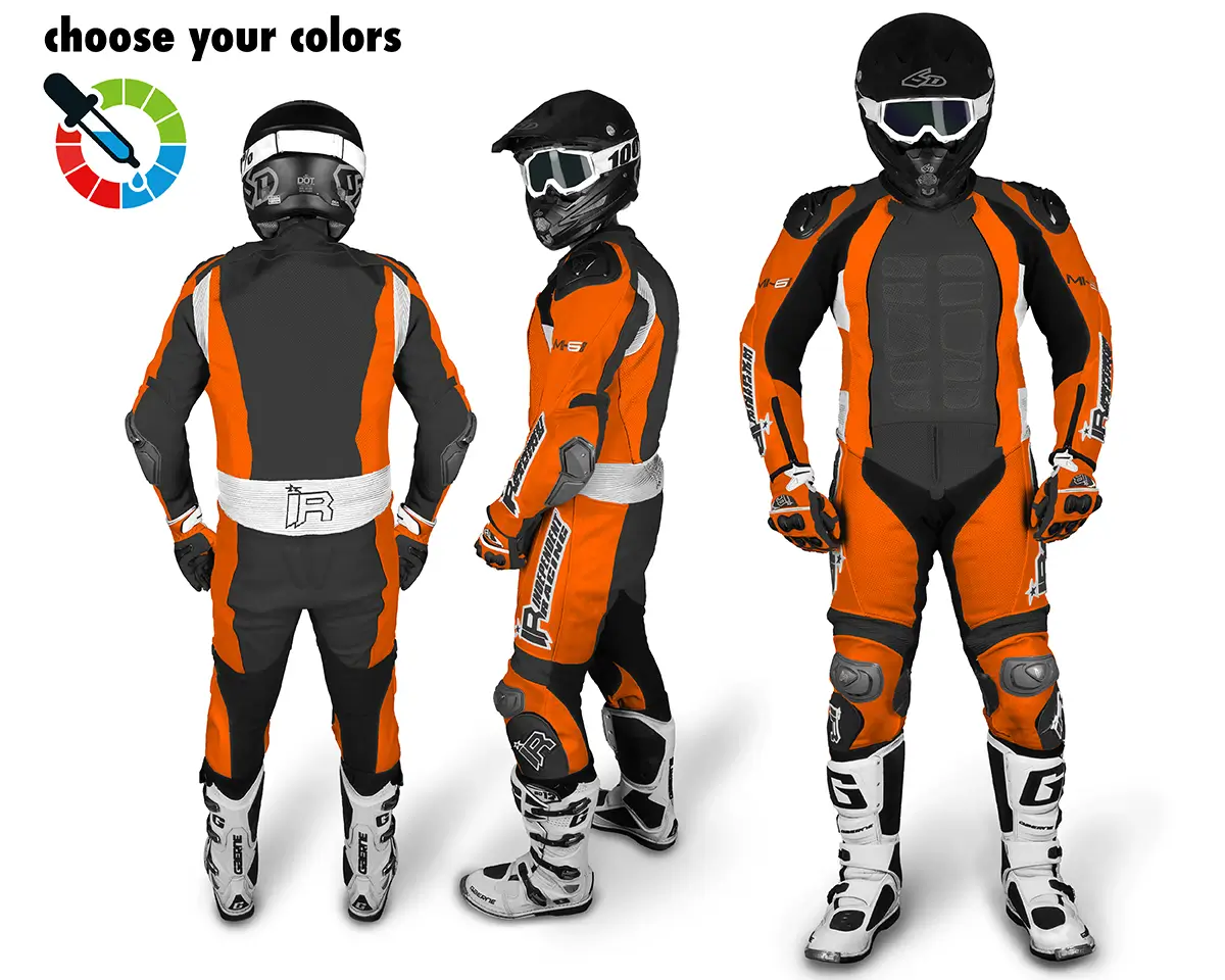 Maßgeschneiderte Lederkombi von Independent Racing in Neon-Orange, Schwarz und Weiß mit Schutzprotektoren, gezeigt aus Front-, Seiten- und Rückansicht.