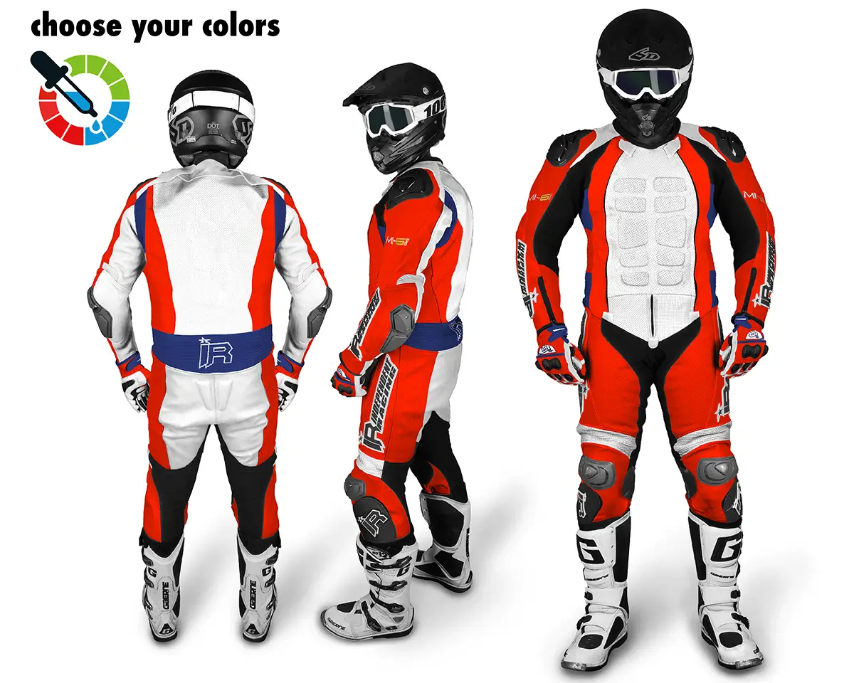 Maßgeschneiderte Lederkombi von Independent Racing in Rot, Weiß und Blau mit Schutzprotektoren, gezeigt aus Front-, Seiten- und Rückansicht.