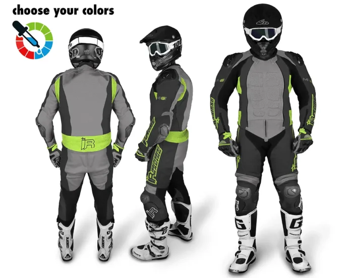 Maßgeschneiderte Lederkombi von Independent Racing in Schwarz, Grau und Neongelb mit Schutzprotektoren, gezeigt aus Front-, Seiten- und Rückansicht.