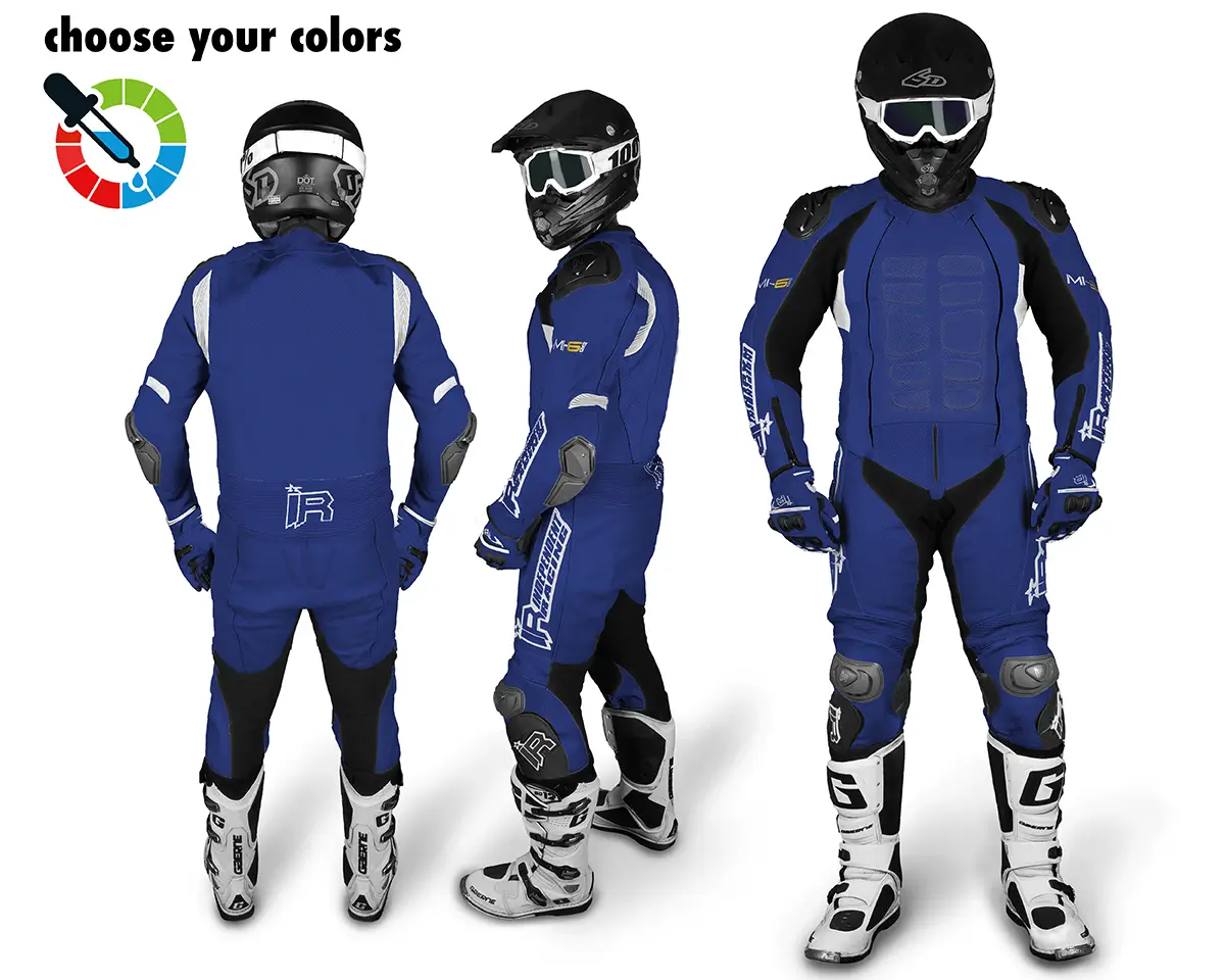Maßgeschneiderte Lederkombi von Independent Racing in Blau und Weiß mit Schutzprotektoren, gezeigt aus Front-, Seiten- und Rückansicht.