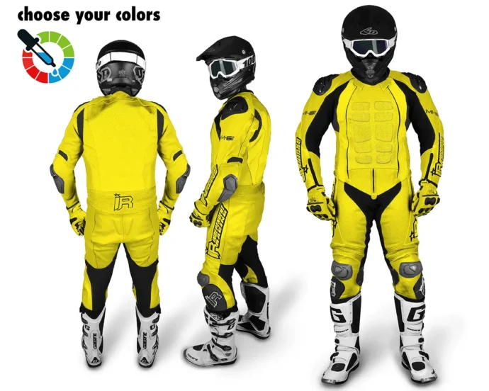 Maßgeschneiderte Lederkombi von Independent Racing in Gelb und Schwarz mit Schutzprotektoren, gezeigt aus Front-, Seiten- und Rückansicht.
