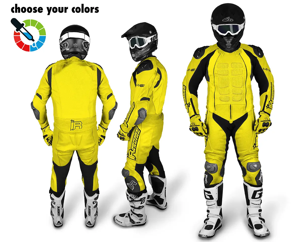 Maßgeschneiderte Lederkombi von Independent Racing in Gelb und Schwarz mit Schutzprotektoren, gezeigt aus Front-, Seiten- und Rückansicht.
