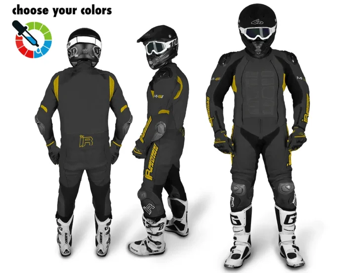 Maßgeschneiderte Lederkombi von Independent Racing in Schwarz und Gold mit Schutzprotektoren, gezeigt aus Front-, Seiten- und Rückansicht.