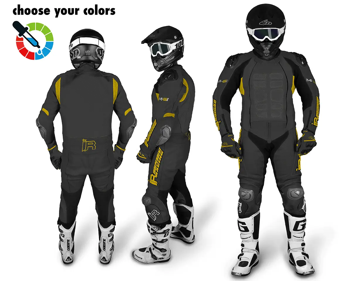Maßgeschneiderte Lederkombi von Independent Racing in Schwarz und Gold mit Schutzprotektoren, gezeigt aus Front-, Seiten- und Rückansicht.