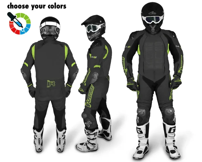 Maßgeschneiderte Lederkombi von Independent Racing in Schwarz und Neongelb mit Schutzprotektoren, gezeigt aus Front-, Seiten- und Rückansicht.