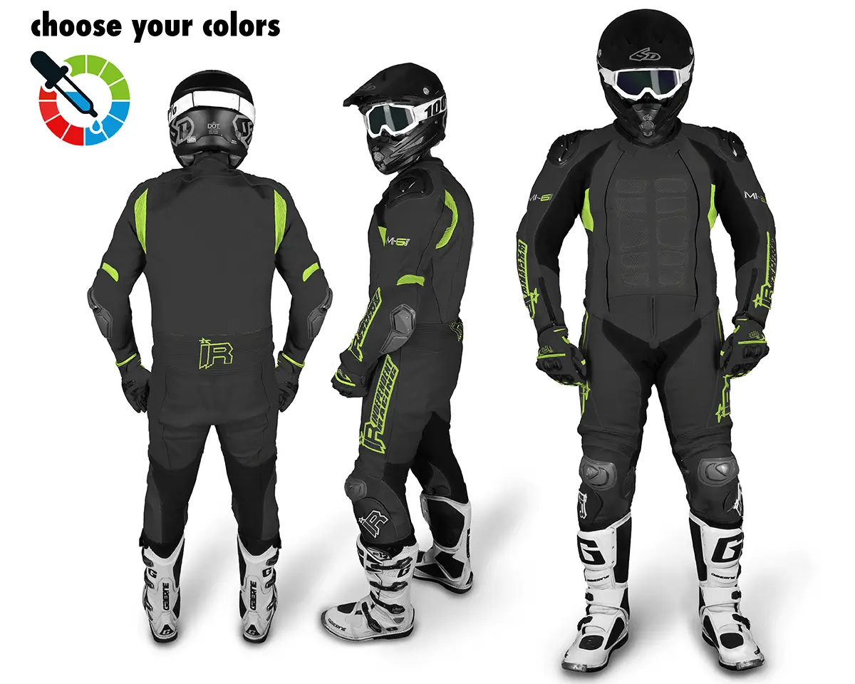 Maßgeschneiderte Lederkombi von Independent Racing in Schwarz und Neongelb mit Schutzprotektoren, gezeigt aus Front-, Seiten- und Rückansicht.