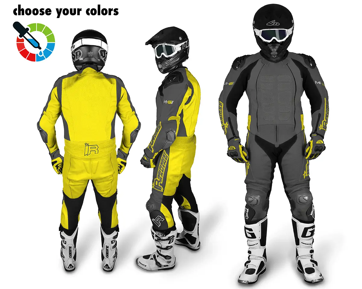 Maßgeschneiderte Lederkombi von Independent Racing in Dunkelgrau und Gelb mit Schutzprotektoren, gezeigt aus Front-, Seiten- und Rückansicht.