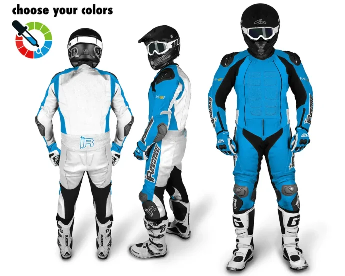 Maßgeschneiderte Lederkombi von Independent Racing in Himmelblau und Weiß mit Schutzprotektoren, gezeigt aus Front-, Seiten- und Rückansicht.