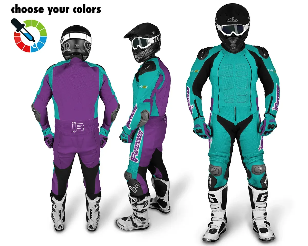 Maßgeschneiderte Lederkombi von Independent Racing in Türkis und Lila mit Schutzprotektoren, gezeigt aus Front-, Seiten- und Rückansicht.