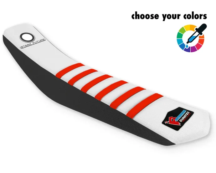 Weiß-schwarzer Sitzbankbezug mit roten Querrippen für Stark Varg.