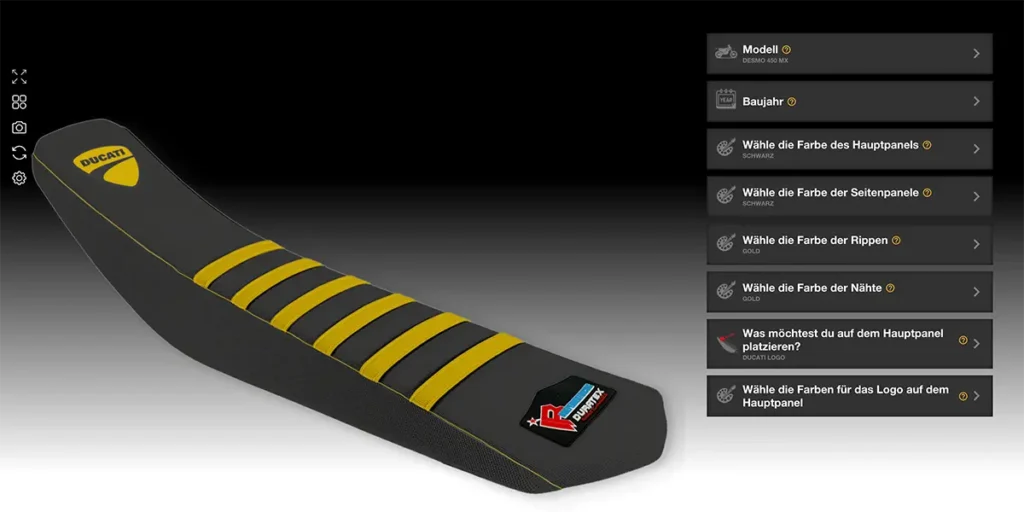 Schwarz goldener Ducati Sitzbankbezug für Ducati Desmo MX dargestellt im Konfigurator.