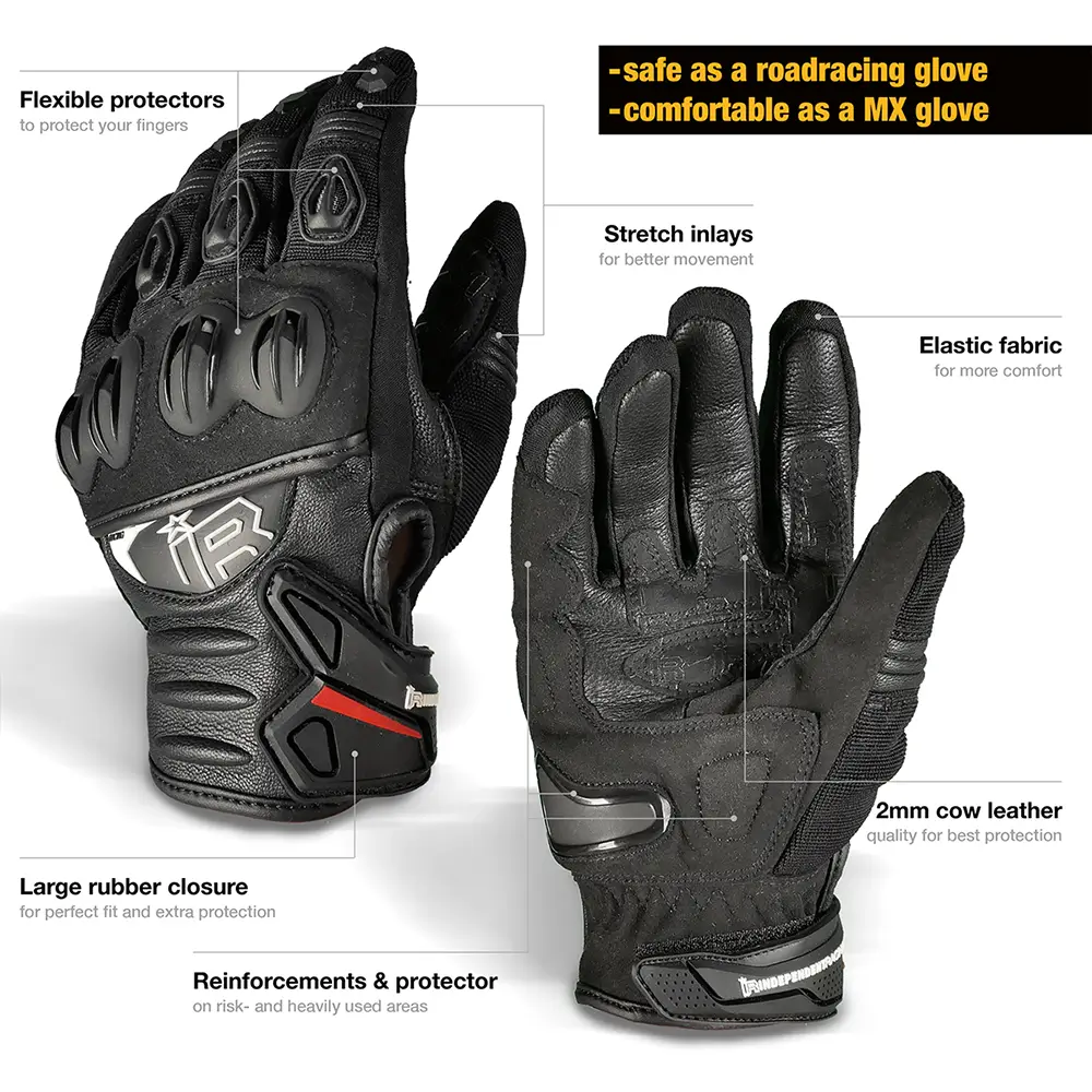 MI-6 SMG Supermoto gloves in black with explanations and additional information - Independent Racing | Graphic Kits, Accessories and Motorcycle Gear
