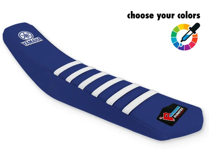 Blauer Yamaha Sitzbankbezug mit weißen Rippen für Enduro.