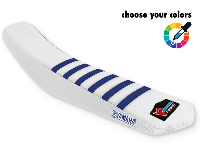 Weißer Yamaha Sitzbankbezug mit blauen Rippen für Motocross.