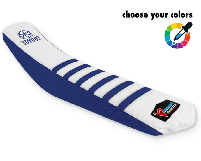 Blau-weißer Yamaha Sitzbankbezug mit blauen Rippen.