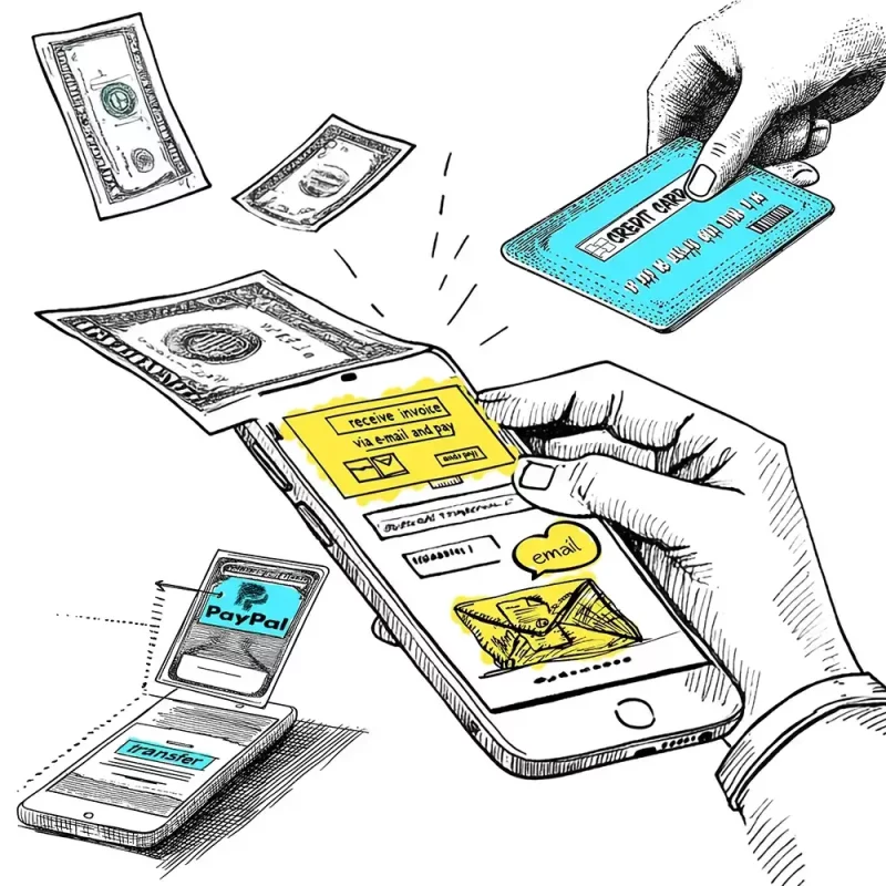 Smartphone zeigt Zahlung mit Kreditkarte und PayPal.